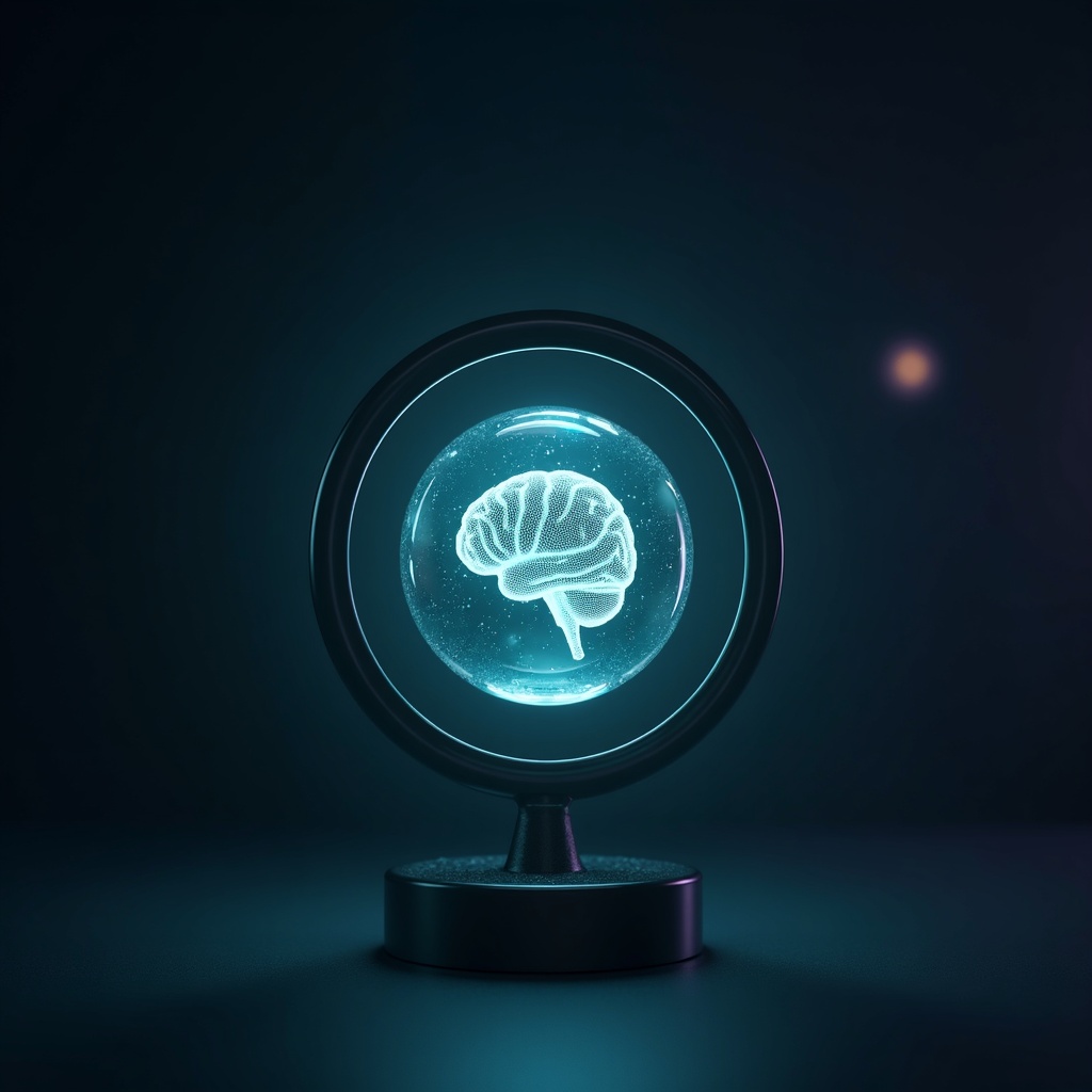 A glowing intelligence core suspended between dark armatures