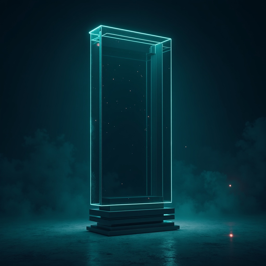 Layered smoked-glass panels lit by teal interface lines