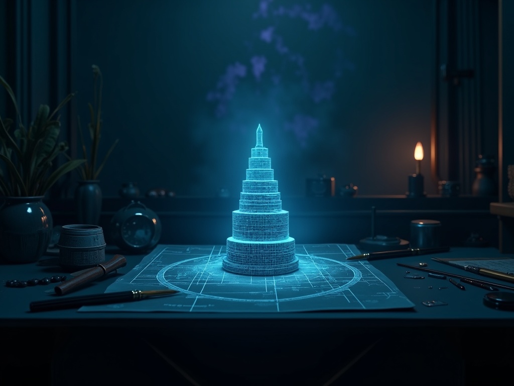A dark workbench with a glowing blueprint hologram of stacked blocks